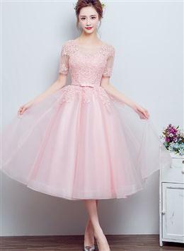 Picture of Pretty Pink Tulle Tea Length Bridesmaid Dress, Tulle with Lace Party Dress